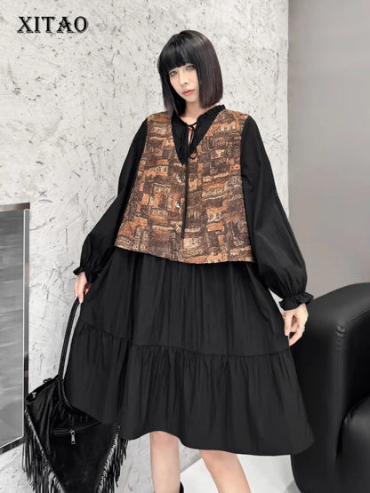 XITAO Retro Hong Kong Style Fake Two Piece Dress 2024 Autumn New Loose Patchwork V-neck Long Sleeve Pullover Dresses LJ1058