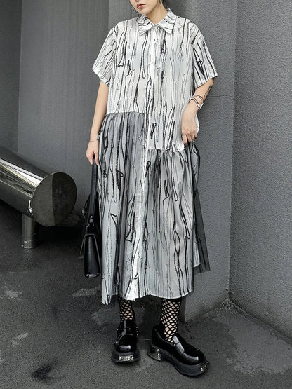 XITAO Asymmetrical Gauze Splicing Shirt Dress Fashion Striped Sprint Women Shirt Sleeve Loose Turn-down Collar Dress WLD20197