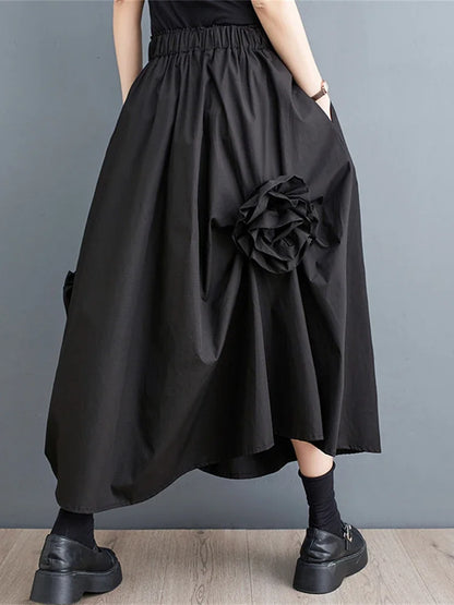 XITAO Floral Black Skirt Fashion Women Elegant Goddess Fan Irregular Elastic Waist Minority Loose Elegant Skirt WLD16640