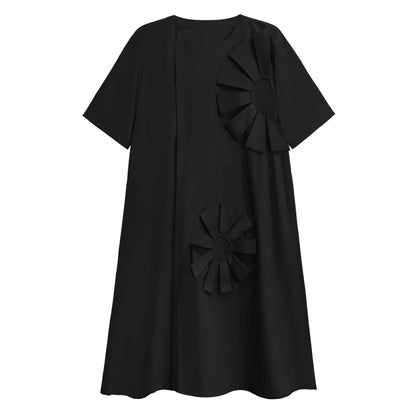 XITAO Simplicity Casual Loose Dress Solid Color Fashion Three-dimensional Flower Splicing Decorate Women New Dress WLD20228