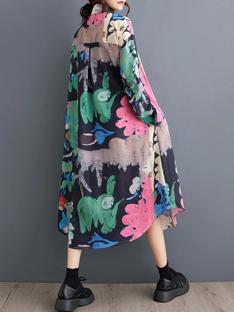 XITAO Loose Vintage Print Female Shirt Dress Casual Long Sleeve Women Autumn New Simplicity All-match Asymmetric Dress HJF8189