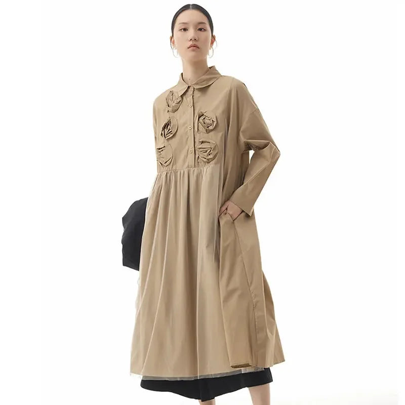 XITAO Loose Pleated Shirt Dress Solid Color Three-dimensional Flowers Splicing Decorate Temperament Turn-down Collar New GWJ3214