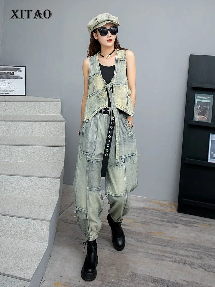 XITAO Vintage Denim Pants Sets Irregular Sleeveless Vest Harem Pants Two Pieces Sets Fashion 2024 Summer New Women SMH1630