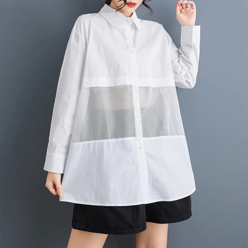 XITAO Patchwork Mesh Irregular Single Breasted Blouse Casual Loose Fitting Turn-down Collar Fashion Autumn Female Shirt GMM1178