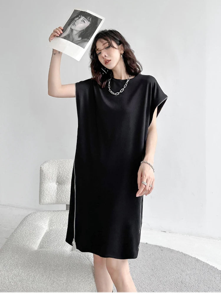 XITAO Black Casual T-shirt Dress Personality Loose Zipper Splicing Bat Wing Sleeve Summer New Street Trendy Women Dress WLD11291