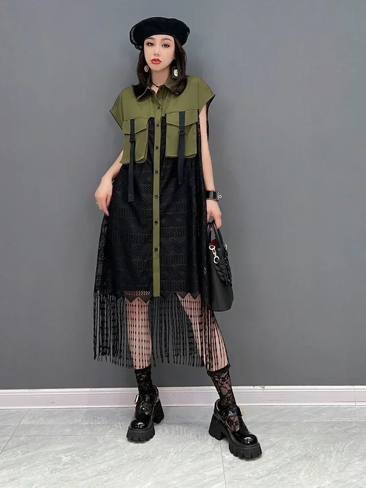 XITAO Mesh Dress Fashion Patchwork Small Fresh Single Breasted Goddess Fan Summer Minority Loose Elegant Dress ZY7350