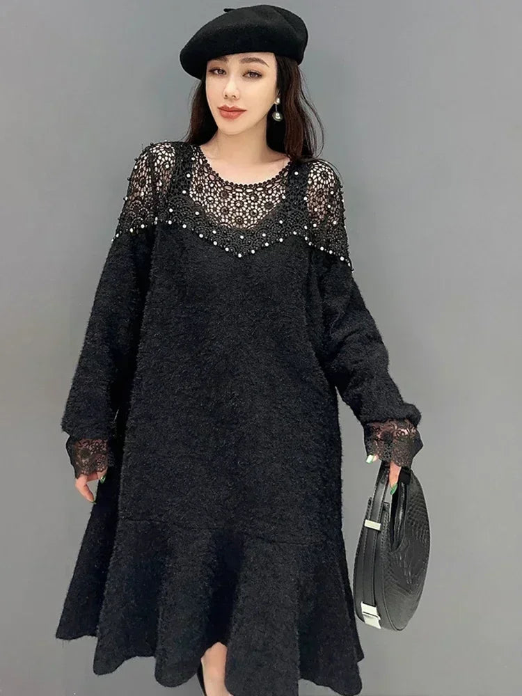 XITAO O-neck Patchwork Lace Dress Temperament Advanced Sense Slimming Loose Fashion 2024 Spring Women New Dress DMJ3289