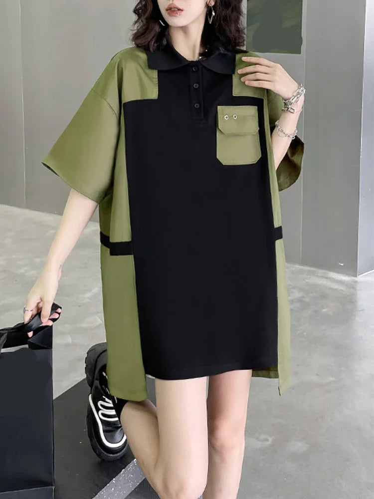 XITAO Contrast Color Loose Women Dress New Summer Personalized Fashion Loose Short Sleeve Turn-down Collar Dress HQQ0032