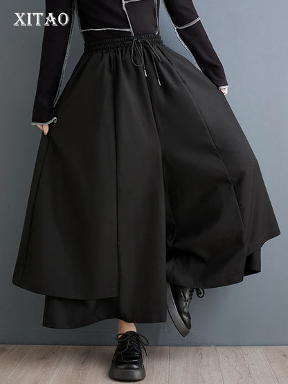 XITAO Solid Color Casual Female Pants Loose Elastic Waist Ankle-Length Fashion Spring New Double Layered Wide Leg Pants LYD1520