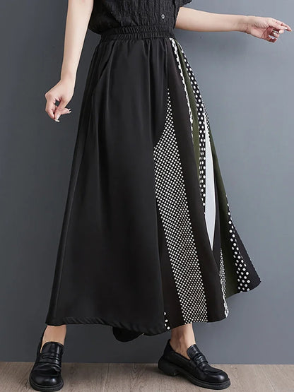 XITAO Casual Fashion Wide Leg Pants Asymmetrical Contrast Color Dot Striped Nine Points Pants Summer New Culottes Pant HQQ0366