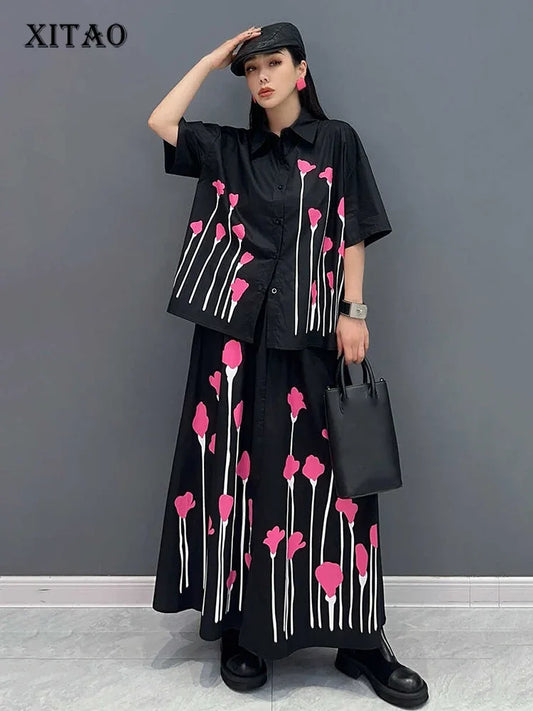 XITAO Casual Print Dress Sets Loose Fashion Contrast Color Women Short Sleeve Shirt Skirt Two Pieces Sets Summer New HQQ2373