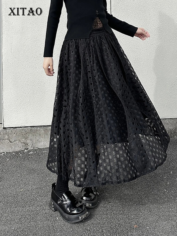 XITAO A-line Loose Solid Color Mid-calf Female Skirt Casual Hollow Out Lace Fashion Grace New Autumn Women Skirt GMM1103