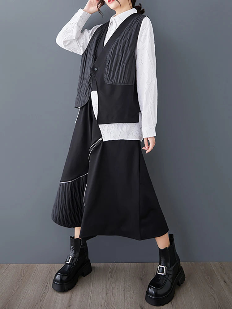 XITAO Asymmetrical Patchwork Single Button Dress Sets Vest Top Pocket Elastic Waist Vintage Skirt 2025 Spring Casual GMM1202