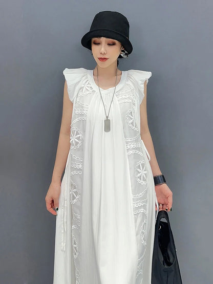 XITAO Gauze Patchwork Hollow Out Dress Pullover Solid Color Sleeveless O-neck Temperament Dress Summer New Fashion ZY8848