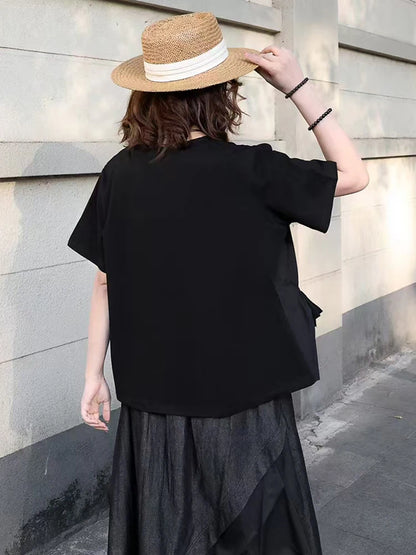 XITAO Patchwork O-neck Female T-shirt Loose Solid Color Slimming Women Simple All-match Simple Trend Short Sleeve Top GJ1136