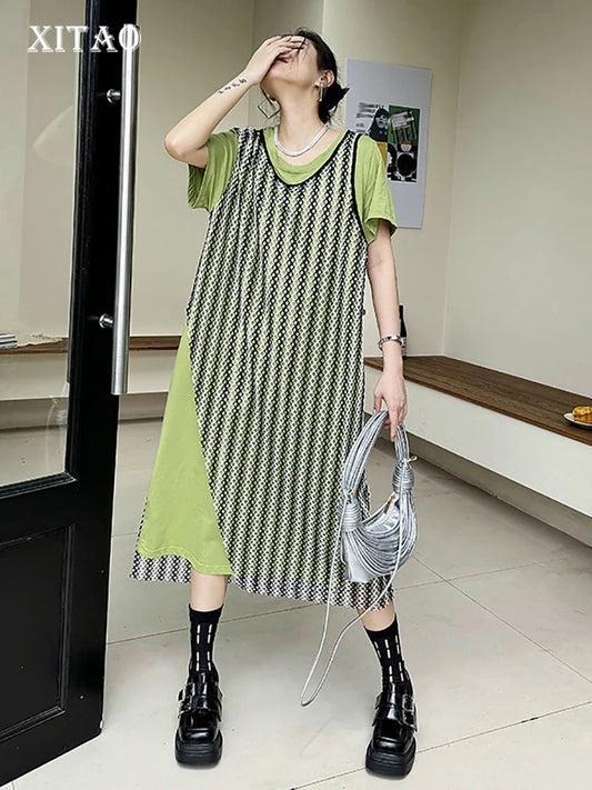 XITAO Contrasting Color Patchwork Dress Loose Casual Vintage Fashion New Short Sleeve Pullover O-neck Slimming Dress DMJ4082