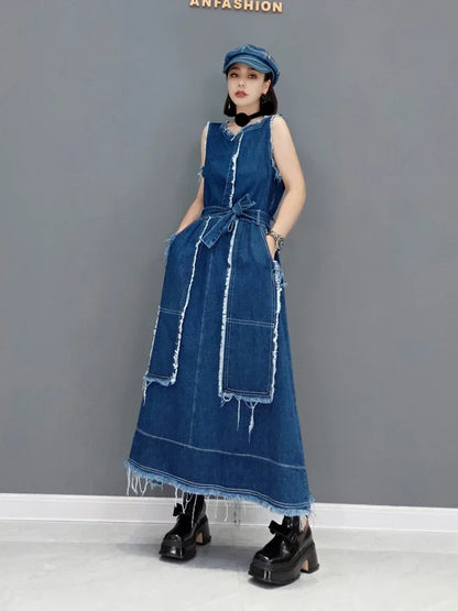 XITAO New Sleeveless Denim Bandage Dress Burrs Fashion Simplicity Temperament O-neck Collar Women Autumn Loose CLL1258