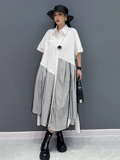 XITAO Gauze Patchwork Single Breasted Shirt Dresses Pocket Contrast Color Turn-down Collar Short Sleeve Summer New HQQ2367