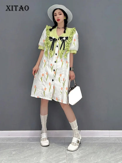 XITAO Bow Single Breast Dress Fashion Print Pattern Goddess Fan Casual Style Ruffle Summer Minority Loose Dress WMD6451