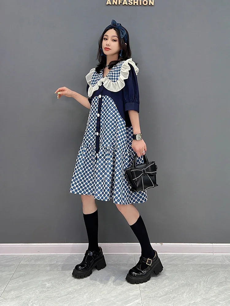 XITAO Peter Pan Collar Dress Fashion Dot Contrast Color Print Women Summer New Loose Single Breasted Cute Casual Shirt Dress ZY7256