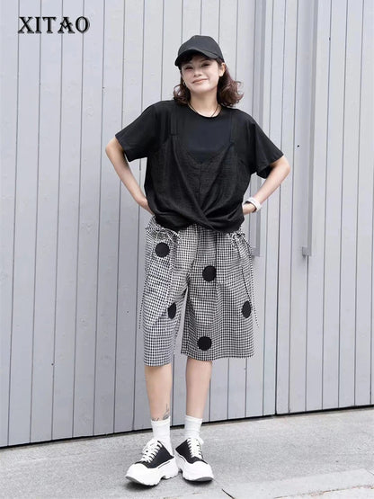 XITAO Folds Patchwork Short Sleeve T-shirts O-neck Solor Color Pullover Loose All Match Tops 2024 Summer New Fashion GJ1037