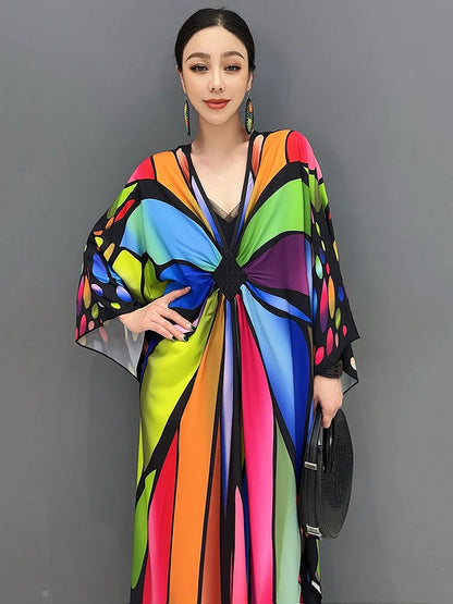 XITAO Loose Print Female Batwing Sleeve Dress Fashion V-neck Contrast Color Women Summer New Casual Irregular Dress ZY8772