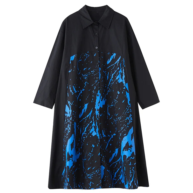 XITAO Patchwork Print Tie-dye Single Breasted Dress Casual Fashion New A-line Full Sleeve Lapel Autumn Female Dress GMM1218