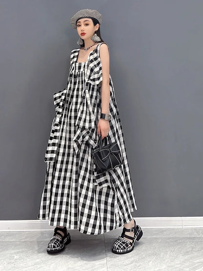 XITAO Plaid Dress Backless Sleeveless Patchwork Bow Small Fresh Casual Style 2022 Summer Minority Elegant Loose Dress WLD7014