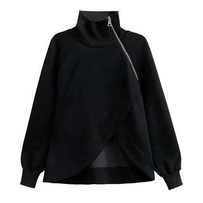 XITAO Asymmetrical Zipper Patchwork Sweatshirts Turtleneck Solid Color Pullover Long Sleeve Loose All Match Autumn New LJ1026