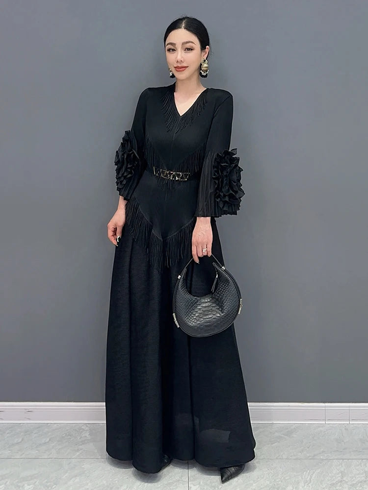 XITAO Tassel Solid Pleated Dress V-neck Three Quarter Sleeve Pullover Temperament Elegant Fashion Women A-line Dress LYD1749