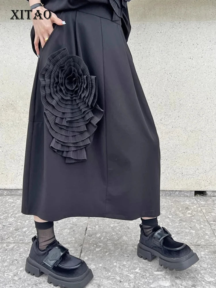 XITAO Three Dimensional Decoration Floral A-line Skirt Casual Slimming Fashion Street Trendy Women Black New Skirt ZY8661