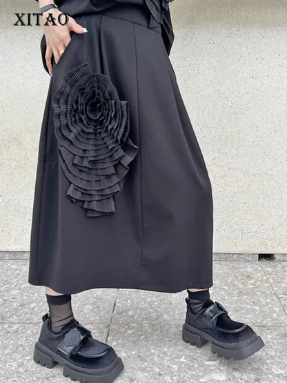 XITAO Three Dimensional Decoration Floral A-line Skirt Casual Slimming Fashion Street Trendy Women Black New Skirt ZY8661