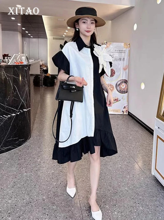 XITAO Three-dimensional Decoration Dress Asymmetrical Patchwork Turn-down Collar Single Breasted Shirt Dress 2024 Summer ZY8779