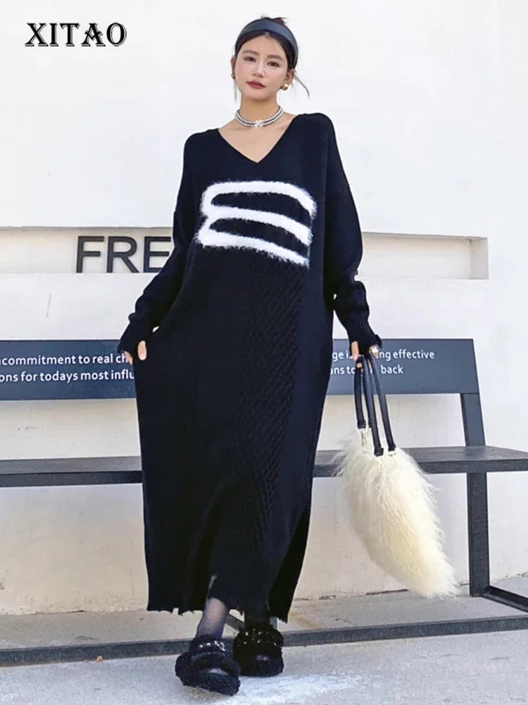 XITAO Solid Color Casual Loose V-neck Knitted Contrast Color Patchwork Mid-calf Full Sleeve Pullover Autumn Female Dress ZYY1103