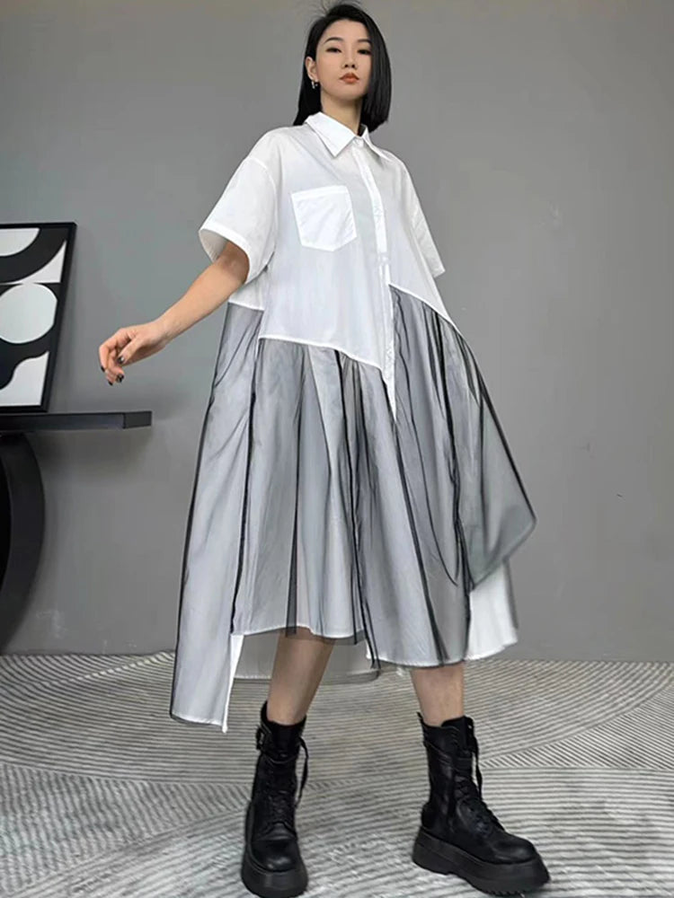 XITAO Gauze Patchwork Short Sleeve Shirt Dress Irregular Temperament Loose Casual Solid Color 2024 Women New Dress ZY8658