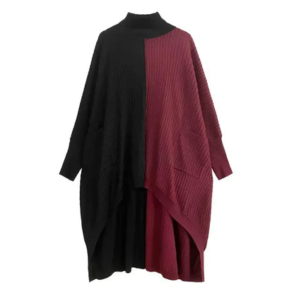 XITAO Batwing Sleeve Knitting Dress Turtleneck Asymmetrical Contrast Color Splicing Loose Sweater Dress 2024 Winter New DMJ3168