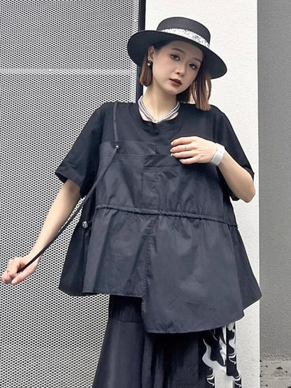 XITAO Black Asymmetrical Casual T-shirt Drawstring Splicing Loose Fashion Trendy Street Women Top Summer New ZY8816