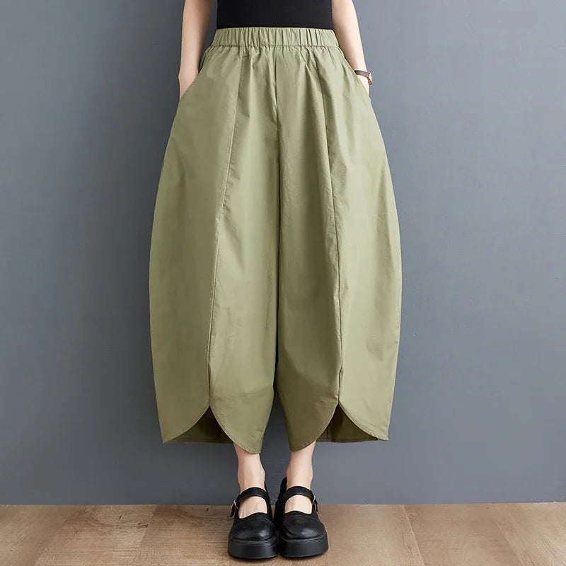 XITAO Women Wide Leg Pants Irregular Solid Color Elastic Waist Pocket Pleated Summer Ankle Length Pants Elegant WLD16705