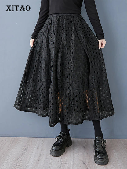 XITAO Irregular Hollow Out Lace Elastic Waist Skirt Solid Color A-line Casual Fashion Elegant Thin Autumn Women Skirt GMM1220