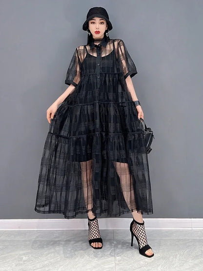 XITAO Solid Pleated Dress Women Korea 2024 Summer New Personality Fashion Loose Turn-down Collar Short Sleeve Dress  WLD7063