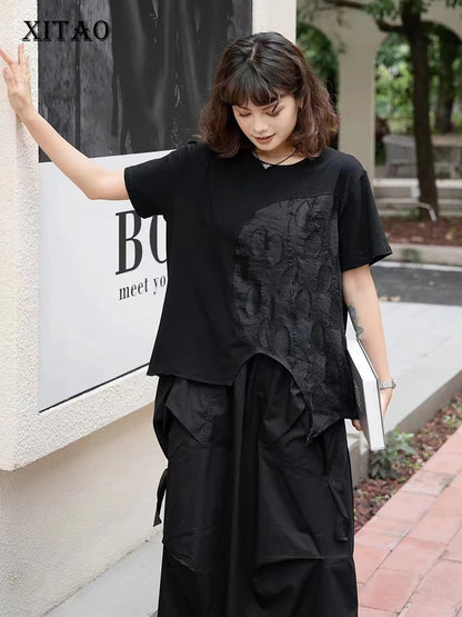 XITAO Asymmetrical Patchwork Short Sleeve T-shirts Solid Color Pullover Loose Casual Tops Summer New All Match GJ1054