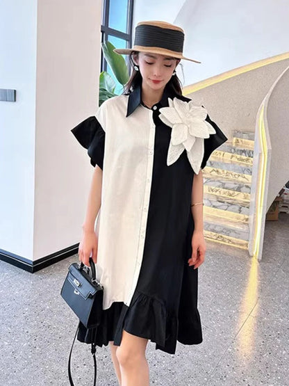 XITAO Three-dimensional Decoration Dress Asymmetrical Patchwork Turn-down Collar Single Breasted Shirt Dress 2024 Summer ZY8779