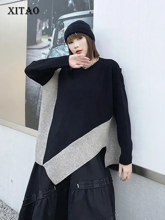 XITAO Irregular Female Sweater Pullover Loose Comfortable Round Neck Casual Long Sleeved Tops 2024 Spring Women New ZZ0005