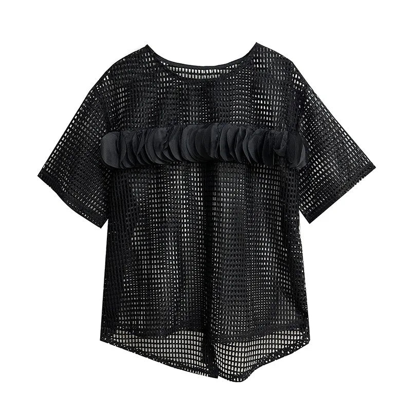 XITAO Hollow Out Mesh Patchwork Pullover T-shirts Solid Color O-neck Short Sleeve Loose Fashion Tops Summer All Match HQQ2305