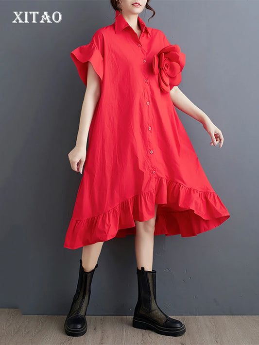 XITAO Three-dimensional Decoration Dress Flounced Edge Asymmetrical Turn-down Collar Single Breasted Shirt Dress Summer ZY8786