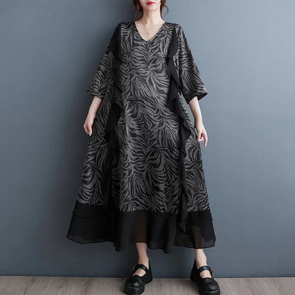 XITAO Loose Flounced Edge V-neck Dress Fashion Contrast Color Gauze Patchwork Women Summer Simplicity Trend Dress LYD1172