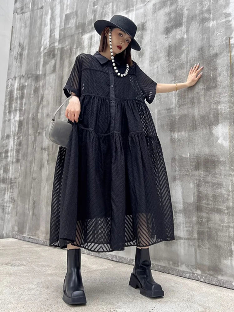 XITAO Solid Color Hollow Out Patchwork Dress Short Sleeve Fashion Loose Casual Summer Female Single Breasted Dress LYD1829