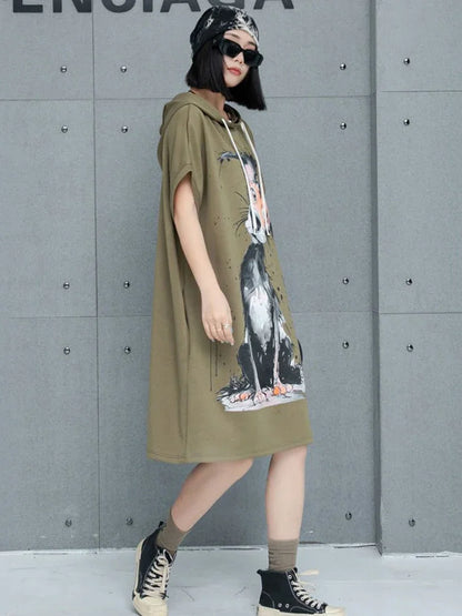 XITAO Hooded Drawstring Animal Print Casual Dress Fashion Loose Fitting Half Sleeve Pullover New Summer Women Dress GMM1201