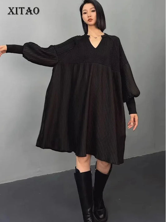 XITAO Solid Patchwork Loose Female Dress V-neck Long Sleeve Casual Knee Length Solid Color Autumn New Fashion Women Dress GJ1110