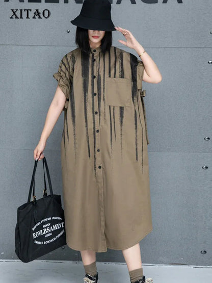 XITAO A-line Casual Print Mid-calf Solid Color Stand Collar Dress Fashion Slimming Loose Fitting Summer Women Dress GMM1054